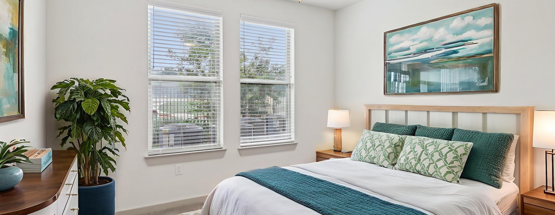 a bedroom with a bed and a fan and windows