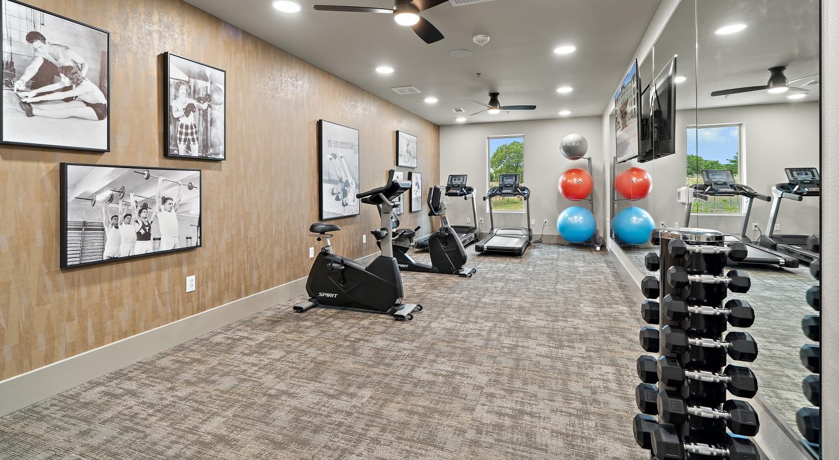 Get your workout on a room with a mirror wall and exercise equipment
